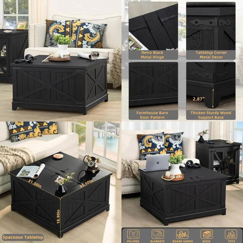 Large Square Modern Farmhouse Coffee Table with Hidden Storage, Black Wood Living Room Centerpiece Organizer