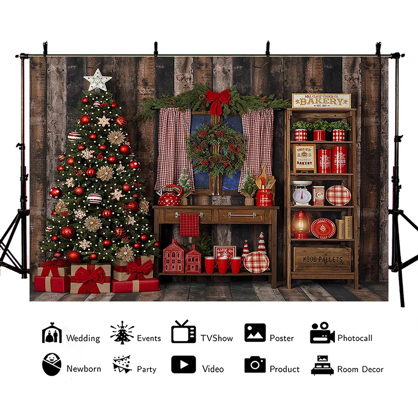 X-mas Retro Wooden Board Backdrop Christmas Decoration Child Portrait Photography Background Pine Tree Gifts Photo Studio Photoc