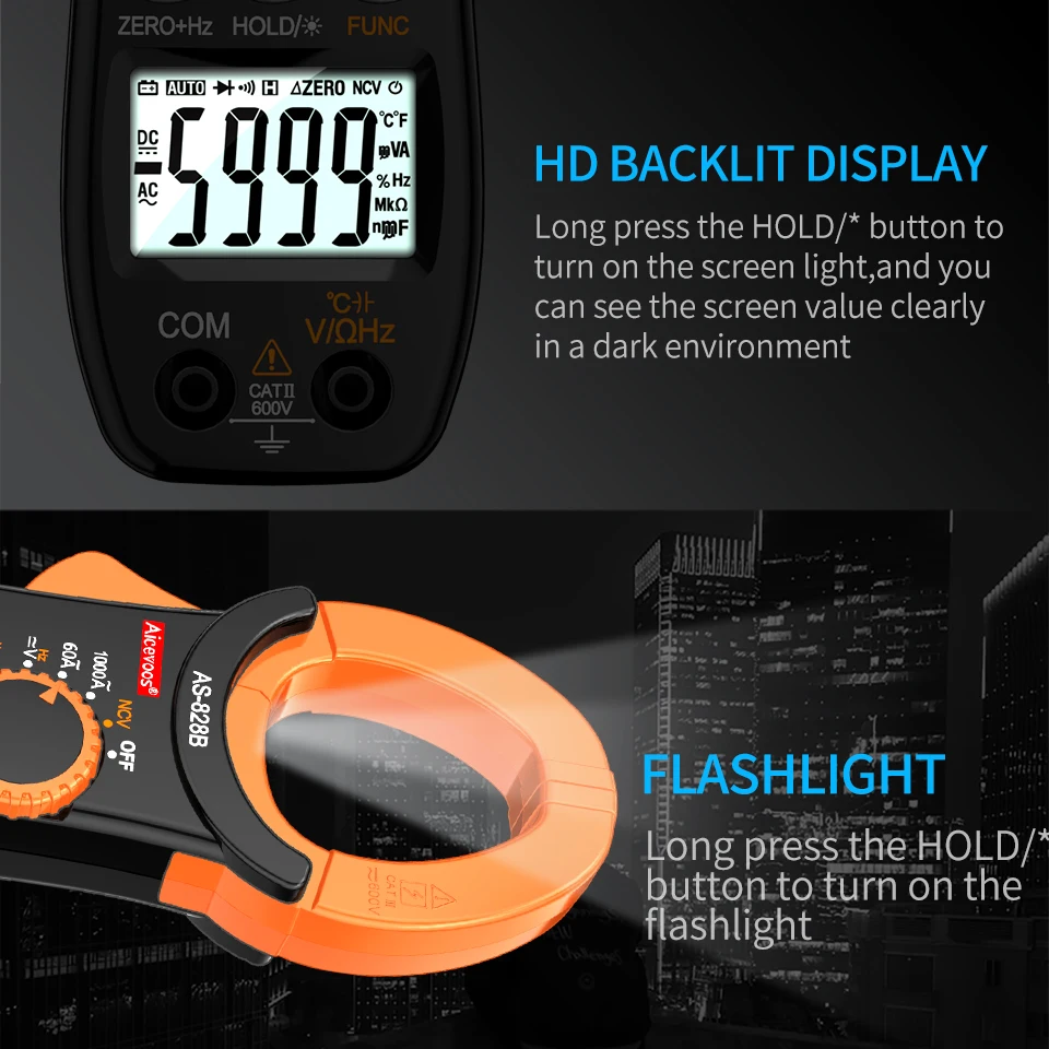 Aicevoos-medidor Digital de abrazadera, probador de voltaje CA CC, rango automático 600A, multímetro TRMS, amperímetro eléctrico profesional Ohm