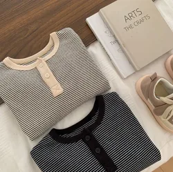 Children's Autumn New Boys Long Sleeved T-shirt Baby Minimalist Bottom Shirt Children's Striped Top Girl Clothes