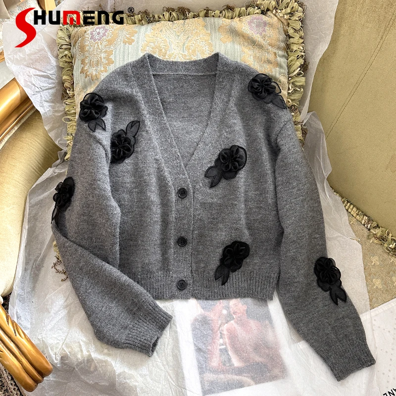 2024 Autumn Winter New Three-dimensional Flower V-neck Sweater Jackets Fashion Femininity Socialite Short Knitted Cardigan Tops