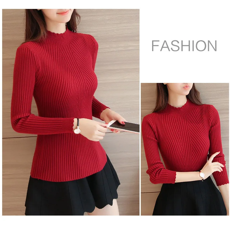 2026 Herbst Damen Mock Neck Rüschen Pullover Langarm Gestrickter Einfarbiger Pullover Gestreifter Damen Freizeitpullover Winter – Detail 4