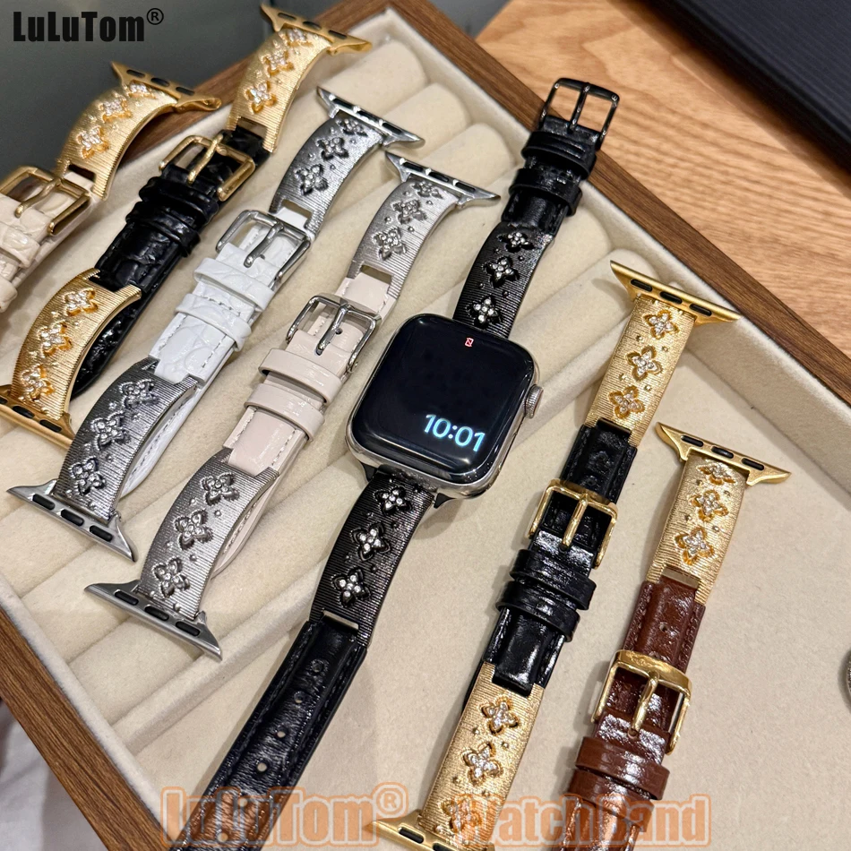 

Дизайнерский ювелирный ремешок для Apple iWatch Series 10 9 8 7 6 SE 5 4 3 Ultra 38 40 41 42 45 46 49 мм Ремешок для часов Металлический кожаный браслет