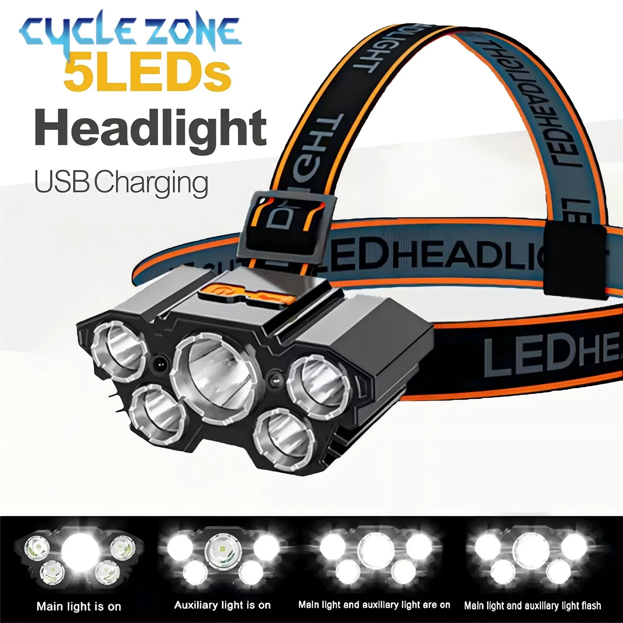 5 LED Strong Light Headlamp Headlight USB Rechargeable Head Flashlight Built in Battery Outdoor Working Fishing Camping Lamp