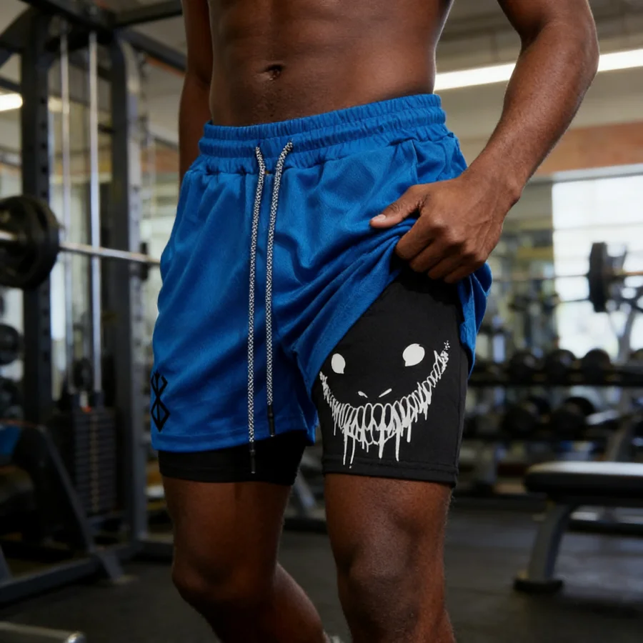 

New men's 2-in-1 running shorts, double-layer fitness training shorts, boxing sweat absorbing four cornered shorts