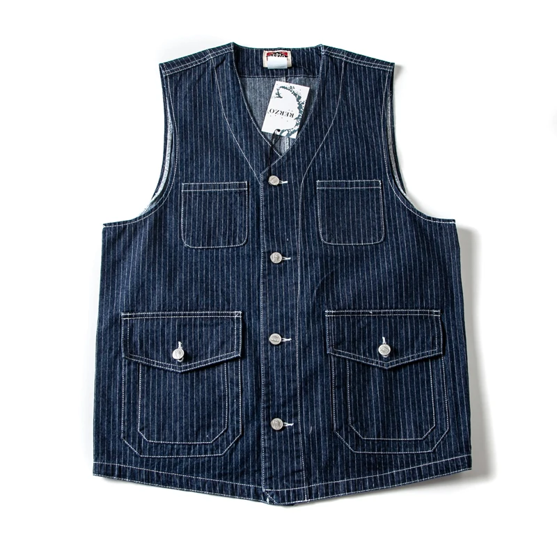 Buckle Back Retro Denim Vest Men\'s Multi Pockets Workwear Sleeveless Jacket Y2k Youth Male Striped Blue Camisole Top Vintage