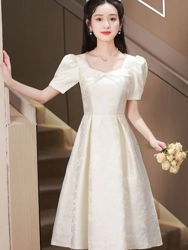 White Satin Wedding Party Dress French Simple Beaded Sweetheart Collar Gradation Dresses Tea Length A-Line Princess Gown