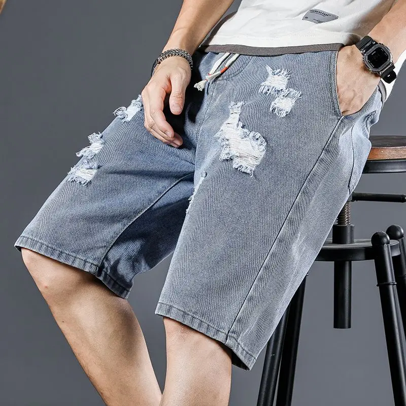 Shorts for Men's Y2k Clothes Thin and Torn Denim 2023 Summer High Street Trend Casual Loose Fitting Straight Quarter Pants