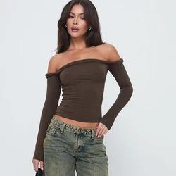 CUTENOVA Chic Solid Color Twisted Off-Shoulder Sexy Long Sleeve T-Shirt Skinny Casual Basic Versatile Crop Top 2024 Women