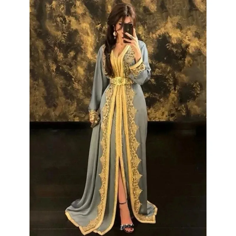 Elegant Arabian Evening Gown Long Sleeve Moroccan Kaftan Dress Gold Embroidered Ramadan Party Dress Vestdos De Fiesta Customized