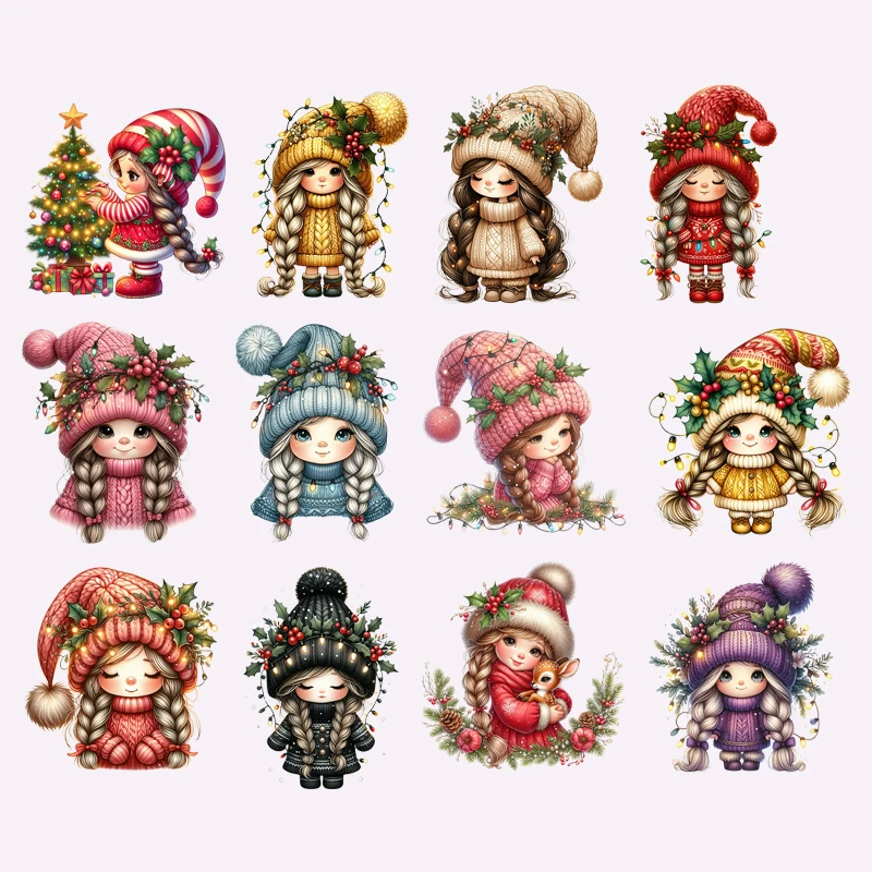 Cartoon Christmas Forest Girl Series 21 Set Heat Transfer Vinyl Iron On sock Stickers for Clothes T-shirt DIY Craft Decoration