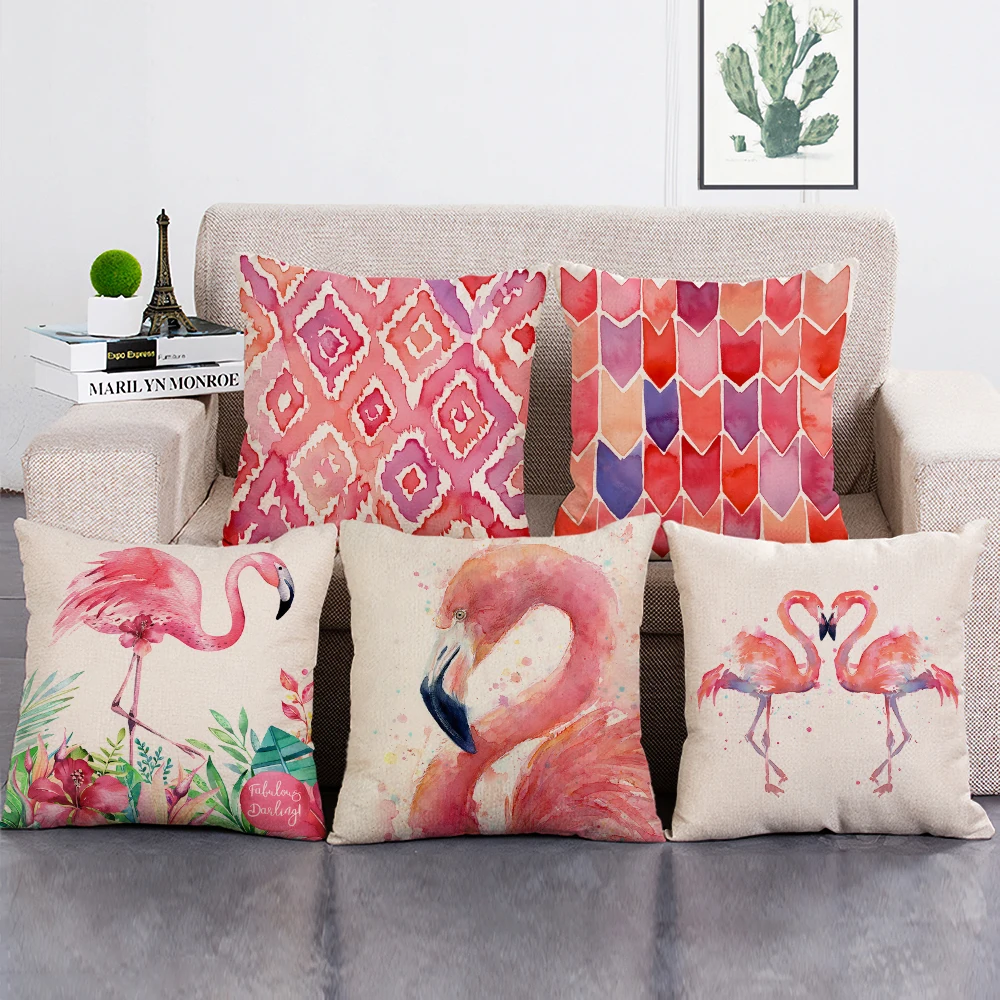 Pink Flamingo Print Cushion Cover Geometric Decorative Throw Pillow Case Custom Pillowcase for Home Decor