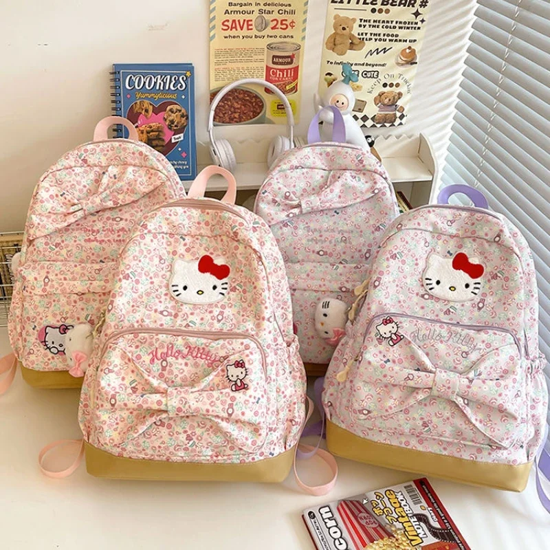 MINISO-mochila bonita con orejas de lazo para mujer, gran capacidad, fresca y versátil, Hello Kitty, 2024