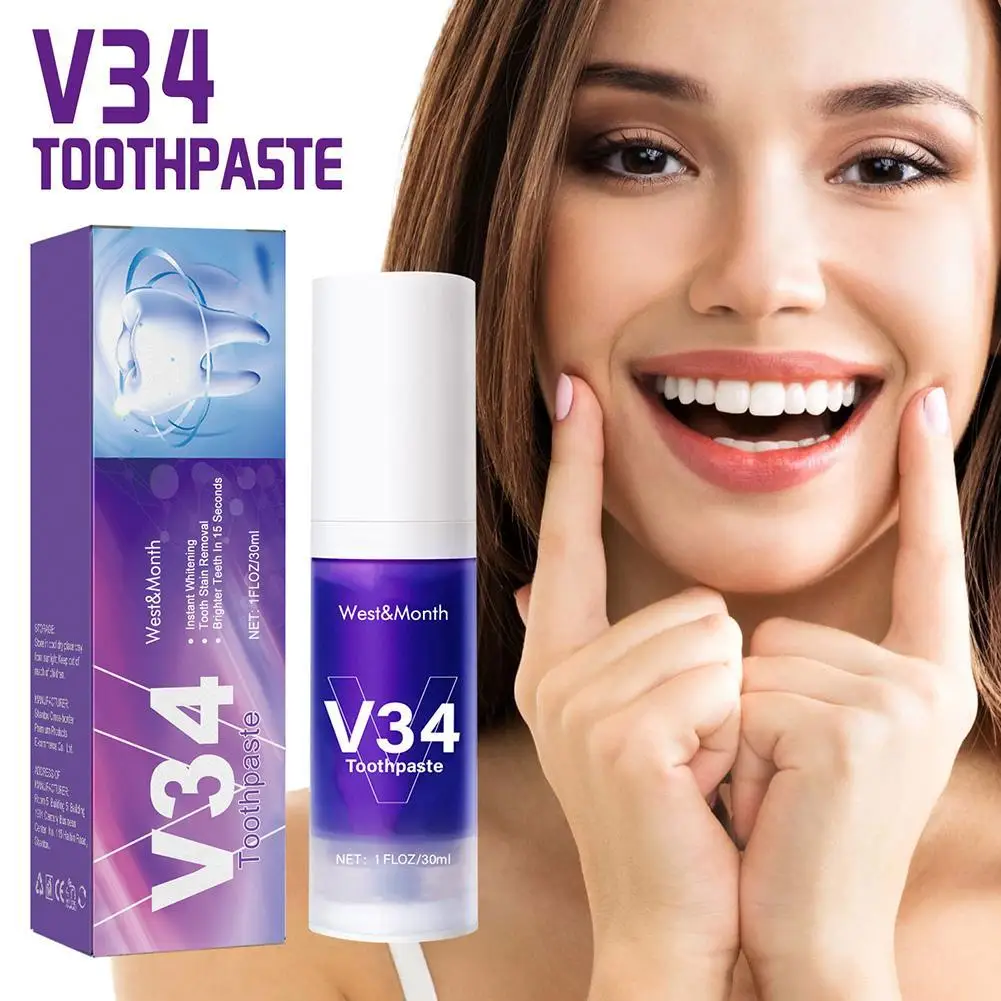 

V34 Purple Whitening Toothpaste Removal Tooth Stains Cleaning Oral Hygiene Bleaching Dental Tools Fresh Breath Tooth Care30ml