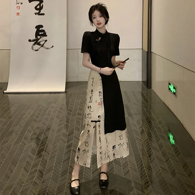 Été nouvelle Robe retro alta qualidade caligrafia irregular demi-jupe femmes Robe mode Qipao femmes robes chinois Cheongsams
