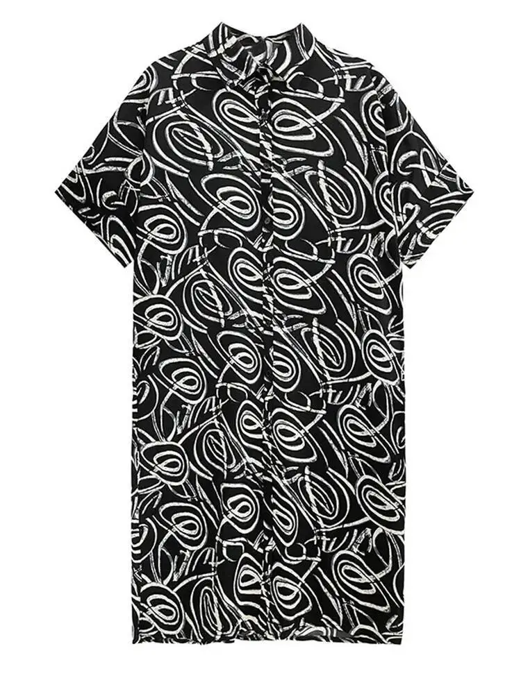 Abito camicia midi da donna con motivo nero stampato di grandi dimensioni Nuovo bavero manica corta moda marea primavera estate