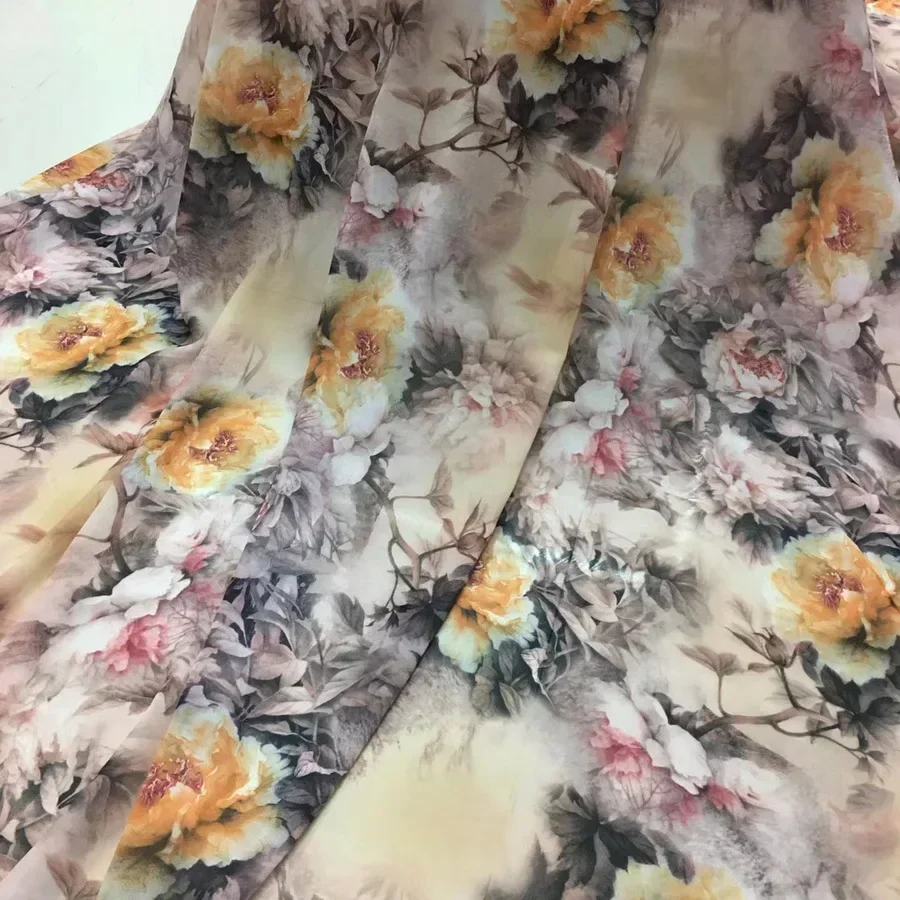 Soft 50D Peony Printed Chiffon Fabric Floral Cloth Silky Scarf Cosplay Dress Skirt Clothing Tissue