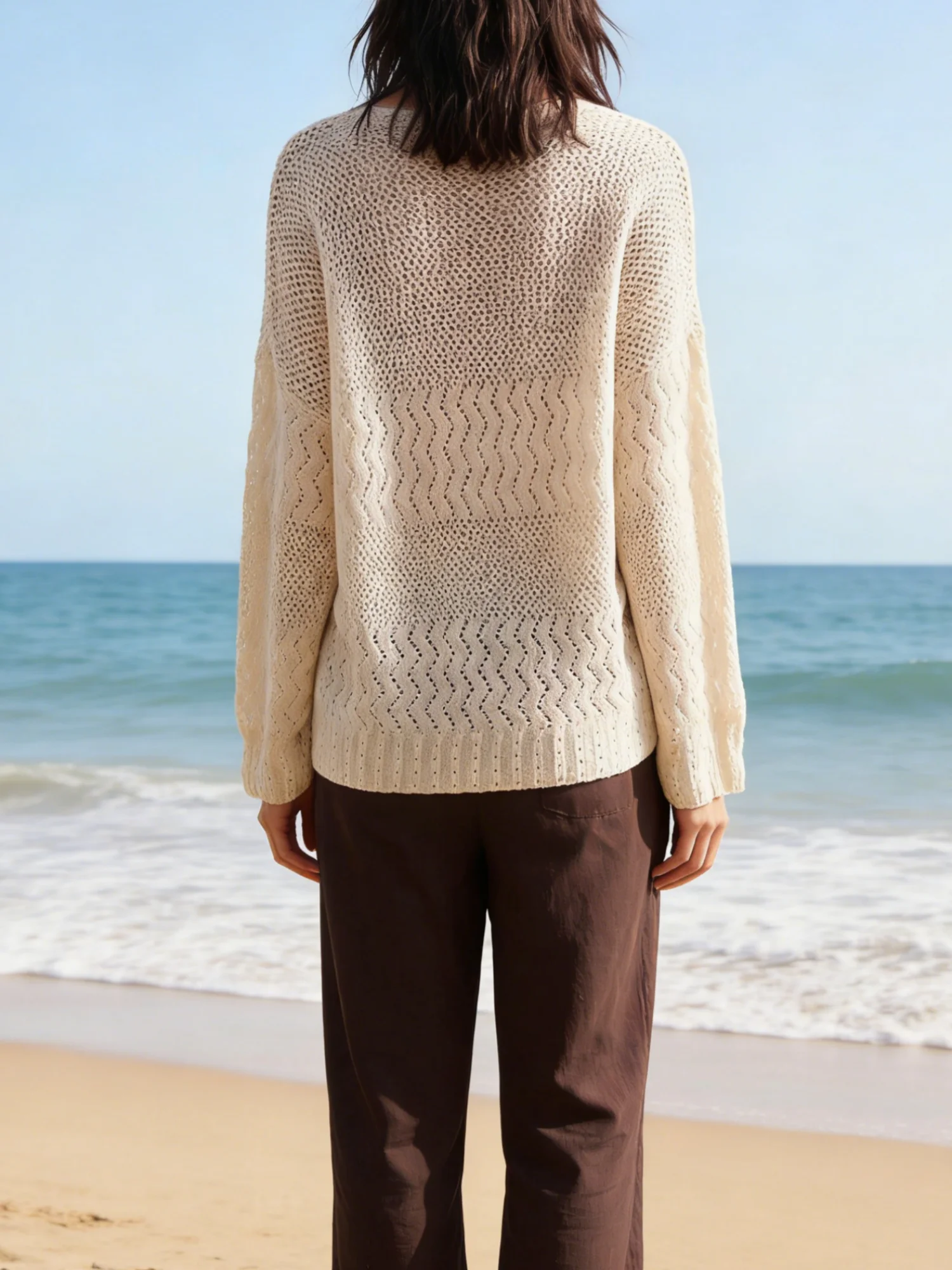 Women's plus size casual vacation summer solid color hollow knitted long sleeved knitted pullover sweater image 2