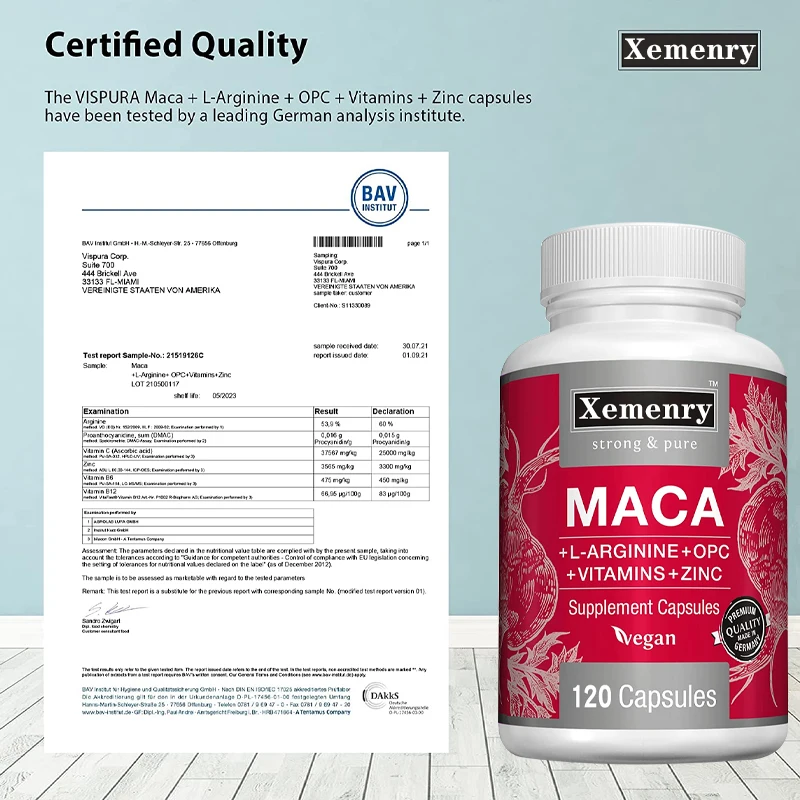 Maca Root Capsules + L-Arginine, Vitamins B6 + B12, OPC & Zinc, for Men & Women, 120 Veggie Caps