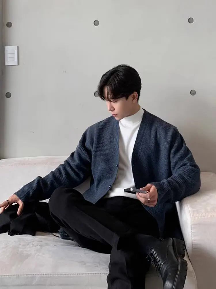 

Свободный мужской свитер с v-образным вырезом, кардиган из тонкой вязки, верхняя одежда, осень-зима, американский повседневный длинный све, дышащий, теплый