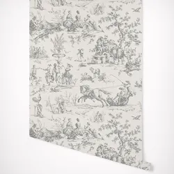 Seasons Toile Grey Wallpaper with farm life style in Smoke Grey