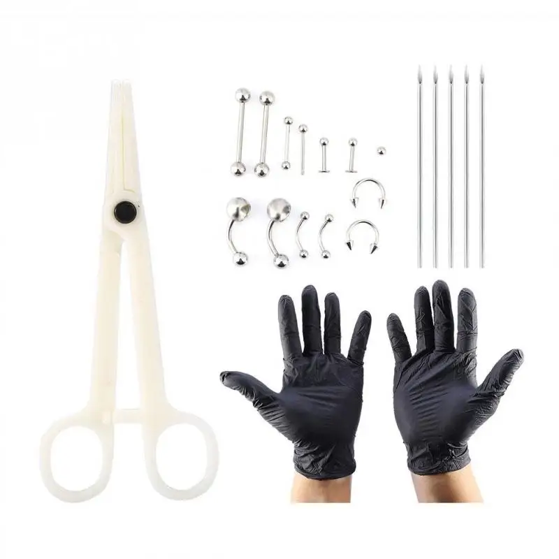 20pcs/set Tongue Nose Belly Button Body Jewelry Piercing Rings Clamp Gloves Needles Tool Kit Ear Plug Prong Body Piercing Kits