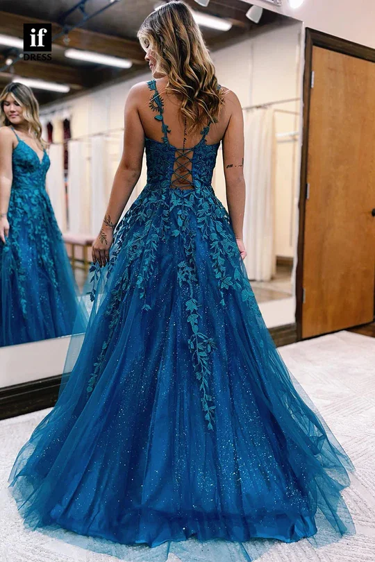 Xijun Glitter Blue Evening Dresses Lace Party Dresses Prom Dress Spaghetti Strap A-Line Prom Gowns Flower Appliques 2023 V-Neck