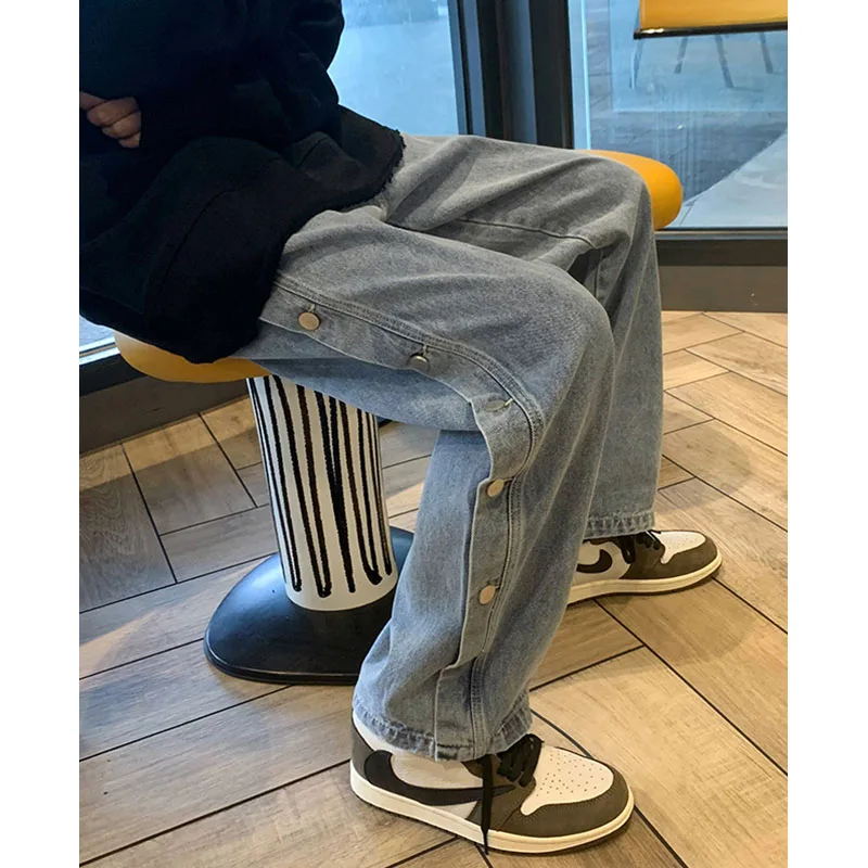 

Fall Faion Hip Hop Side Buttoned Wide Leg Dad Jeans Men's Floor Length Trousers Casual mid Low Waist Zipper Jeans
