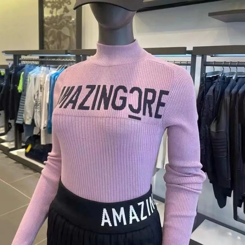 

Women's Performance Golf Knit, Mock Neck Long Sleeve with Print, Slim Fit Spring Fall Top