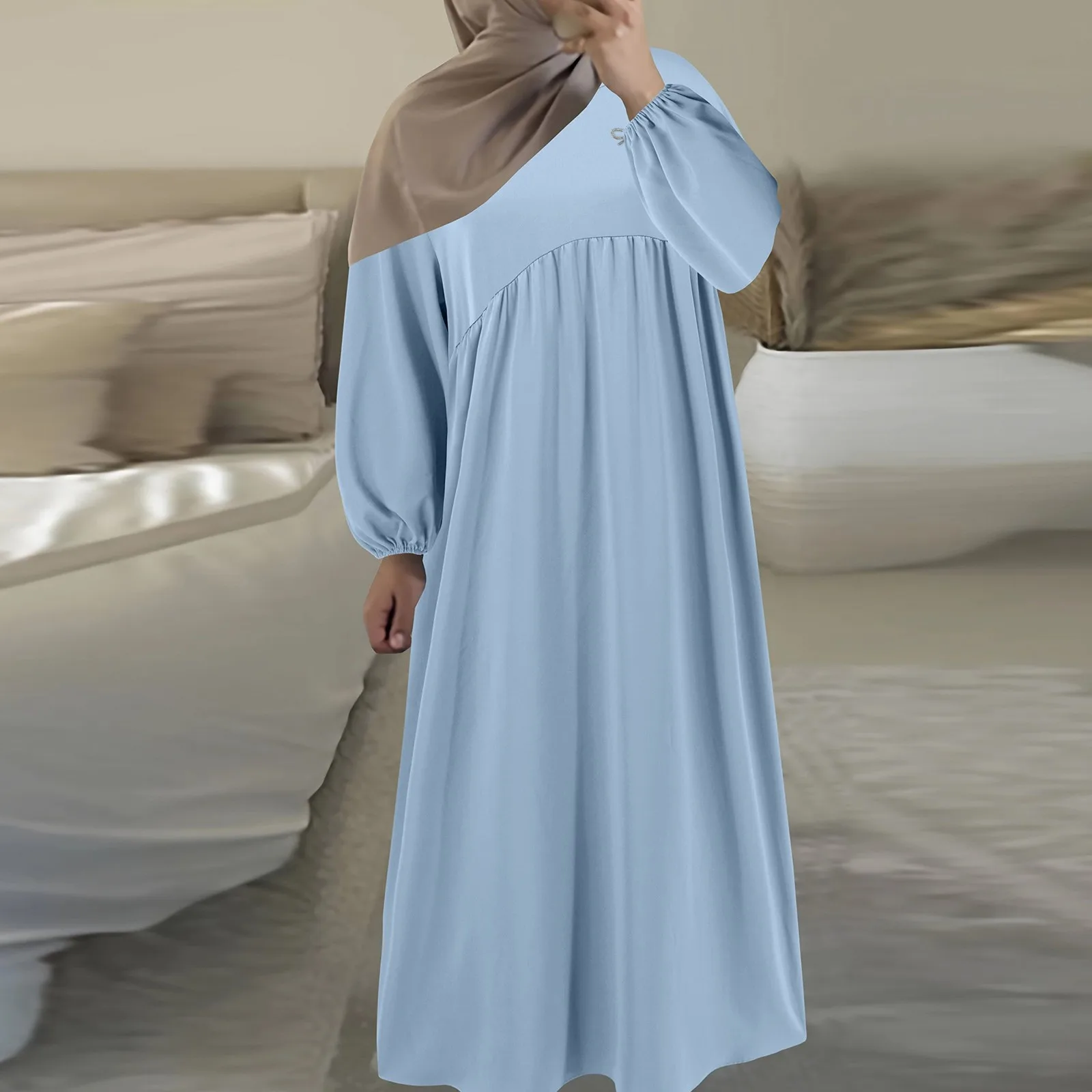 

Women'S New Muslim Style Loose Dress Round Neck Lantern Long Sleeve Fashion Elegant Robe Skirt Boutique Simple Casual Dress