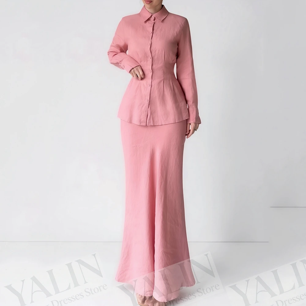 

Women's A-line Evening Dresses Ankle-length High-neck Full Sleeve Prom Dresses Fashion Lace-up Button Draped Customized Gowns