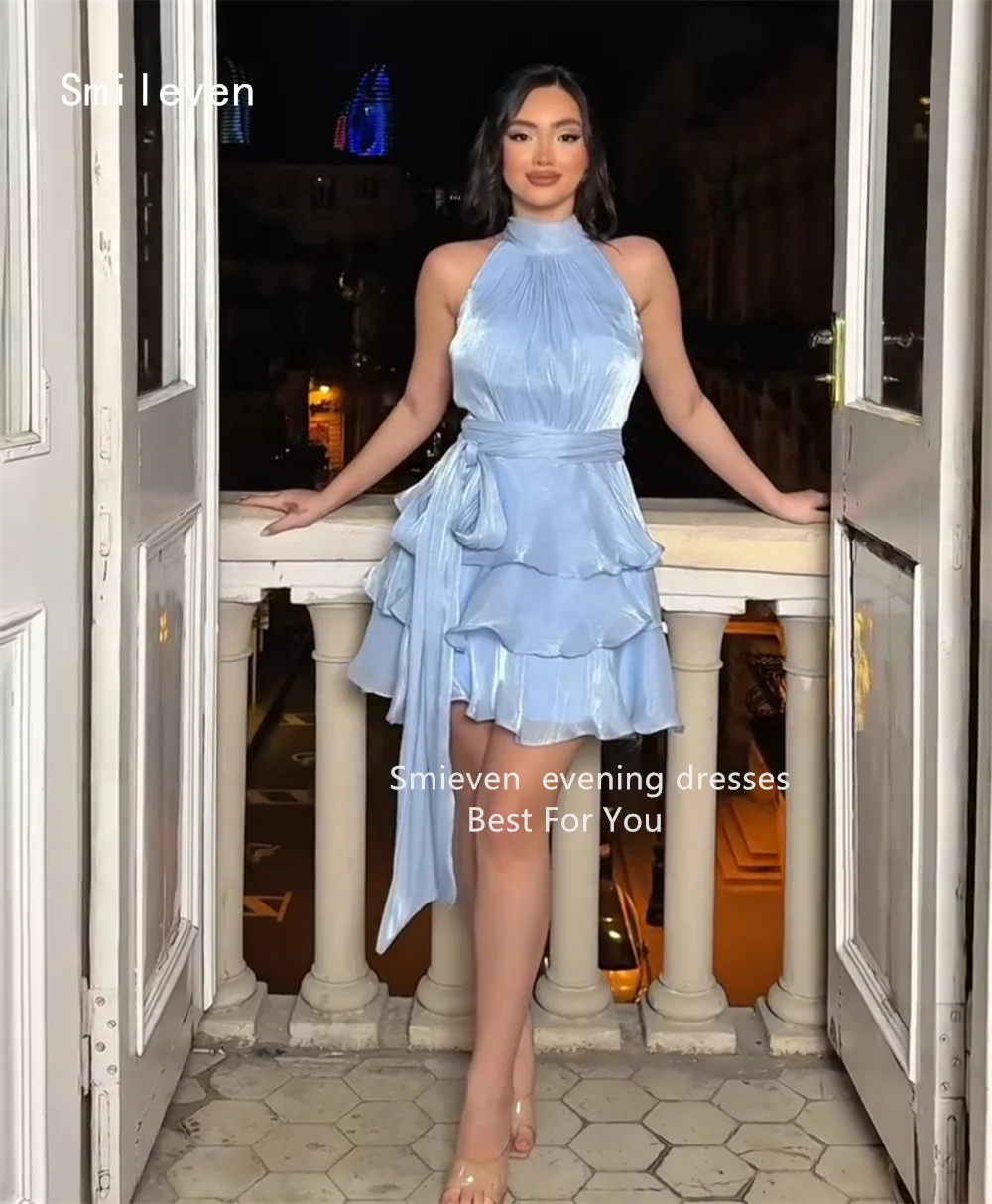 Smileven Luxury Blue Shining A Line Evening Dress Halter Elegant Formal Prom Dresses Pleat Tiered Party Gowns Customized 2026
