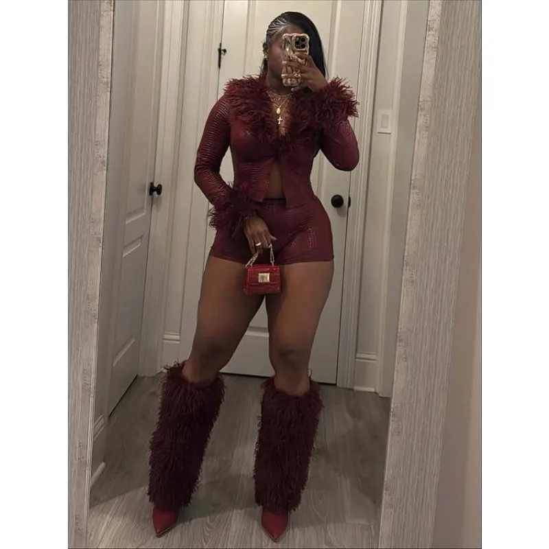 Long Sleeves Faux Leather Top Shorts Stretch Set Women's Fur Trim Snake Print New Fashion Unique Versatile Comfortable Premium
