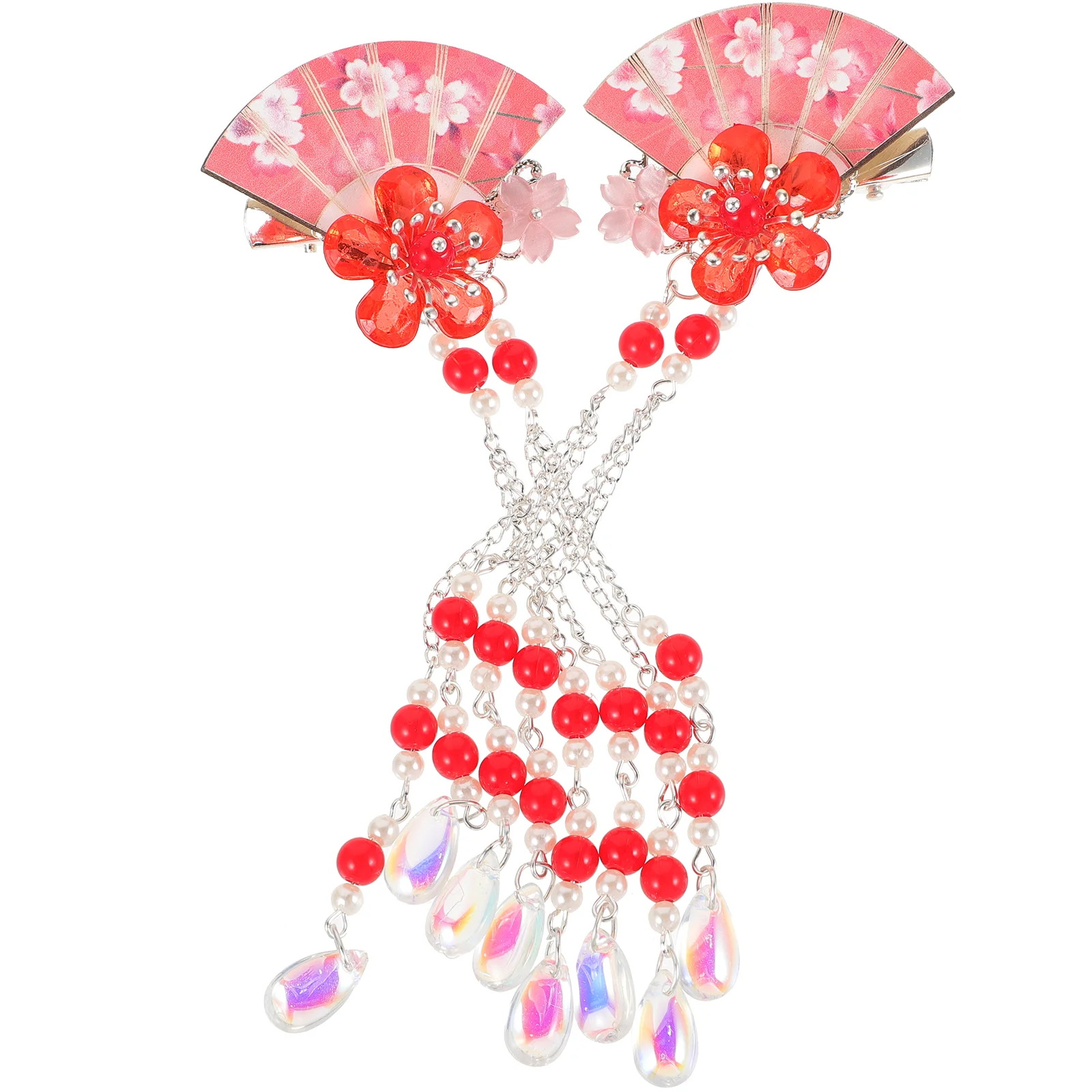 2 Pcs Hair Clip Fan Hairpin Bride Clips Accessories Kids Girls Flower Beaded Hanfu 15x7cm Small Red Women Child