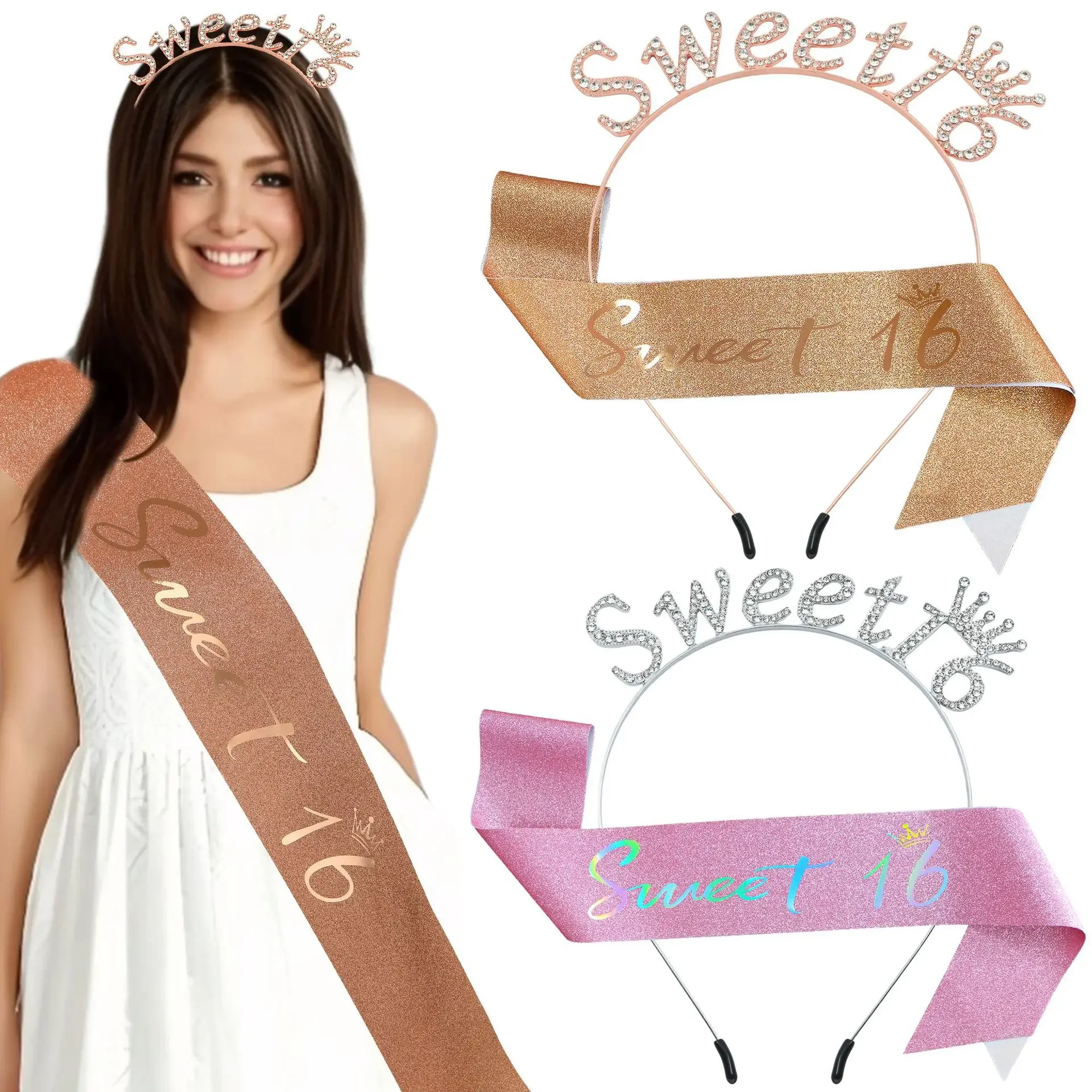 European and American Fashion Birthday Headband Shoulder Strap SWEET 16 Crystal Letter Crown Ceremonial Strap Girls Accessories