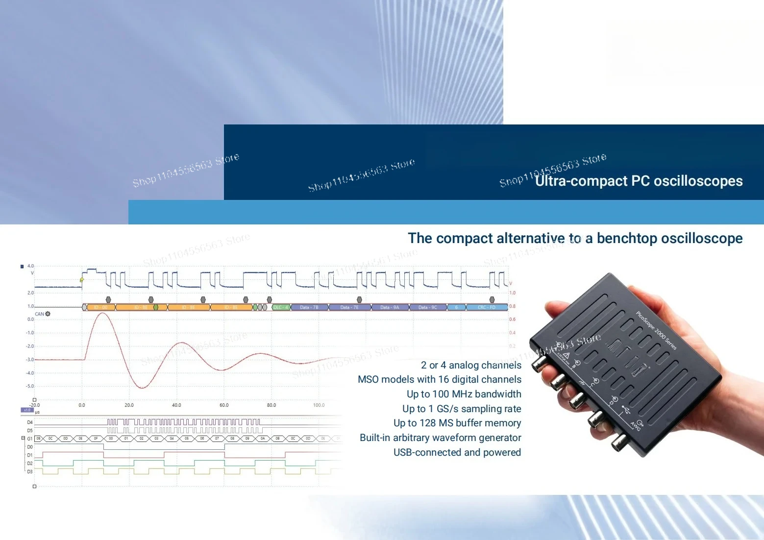 PICO TECHNOLOGY PICOSCOPE 2204A Oscilloscopio USB per PC, PicoScope 2000, 2 canali, 10 MHz, 100 MSPS, 8 Kpts, 35 Ns