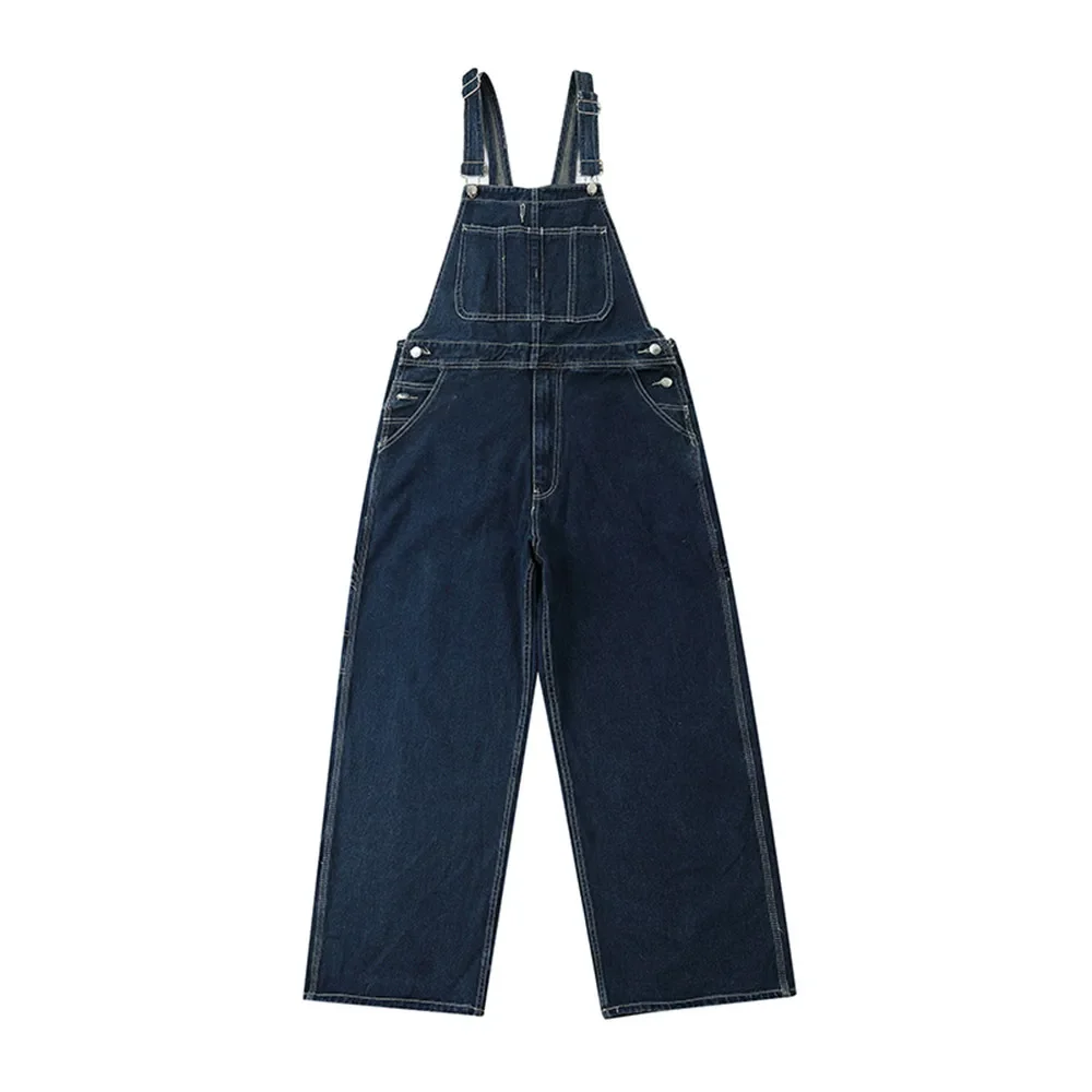 Multi-Pocket Denim Overalls Mens Casual Distressed Bib Trousers Solid Color Loose Jumpsuit Trousers Men