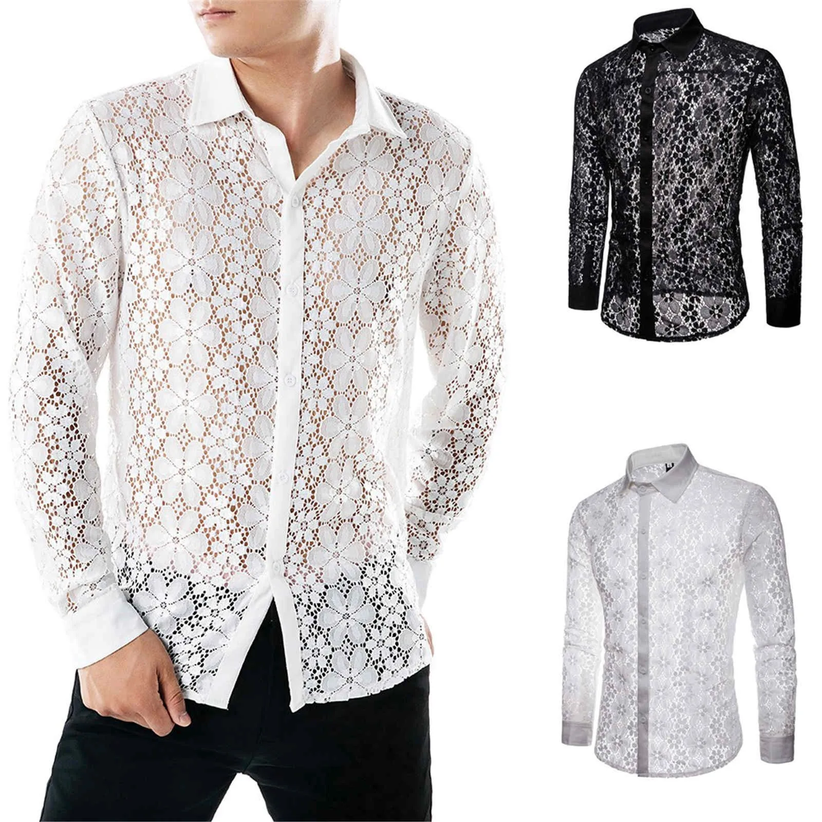 

Fashion Color Long Shirt Lapel Lace Men's Full Club Sleeves Hollow Men Shirts Ethnic Vintage