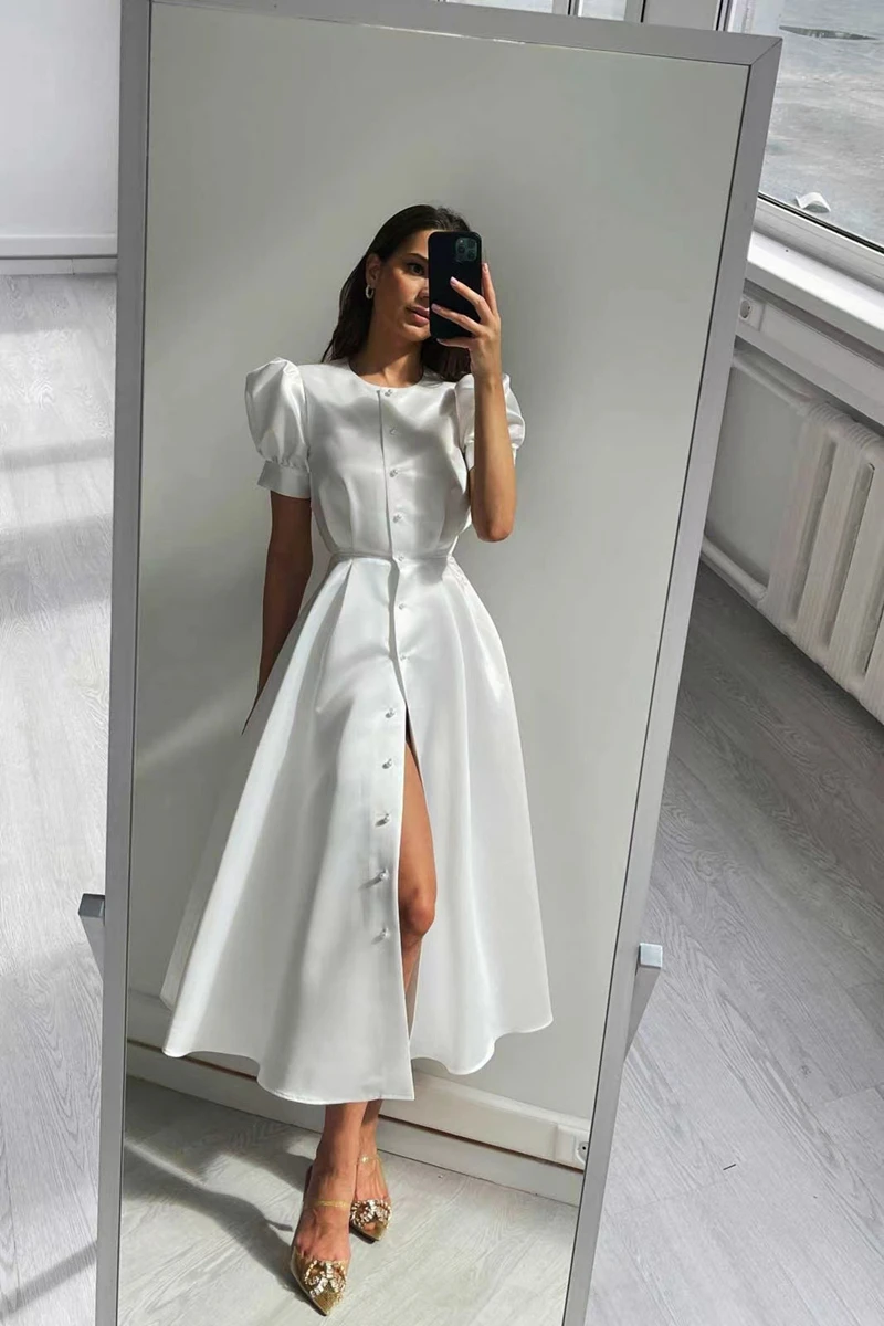 STYLISH LADY Elegant Front Button Dress 2023 Summer Women Short Sleeve O Neck Big Swing Club Party Office Lady Midi Vestidos