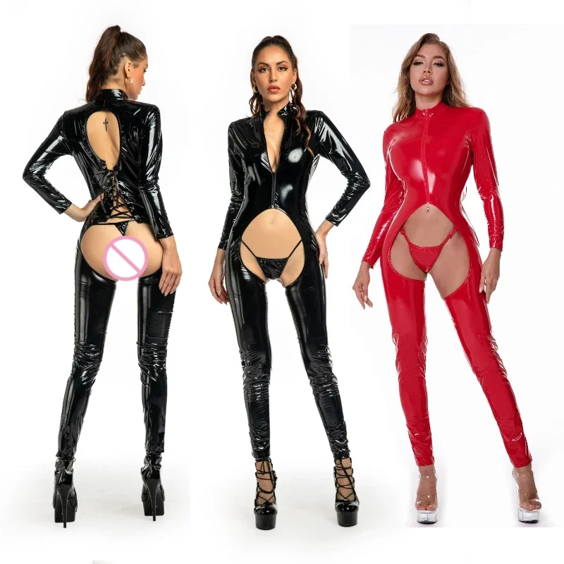 

Sexy Glossy Leather Woman Full Bodysuit Open Crotch Bandage Leotard Hollow Out Show Hips Erotica Lingerie Intimate Clothes Sex