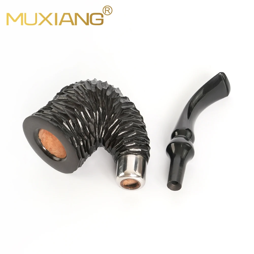 MUXIANG briar pipe hand-carved tobacco pipe silver ring decoration black Cumberland pipe mouthpiece Hungarian big bend pipe