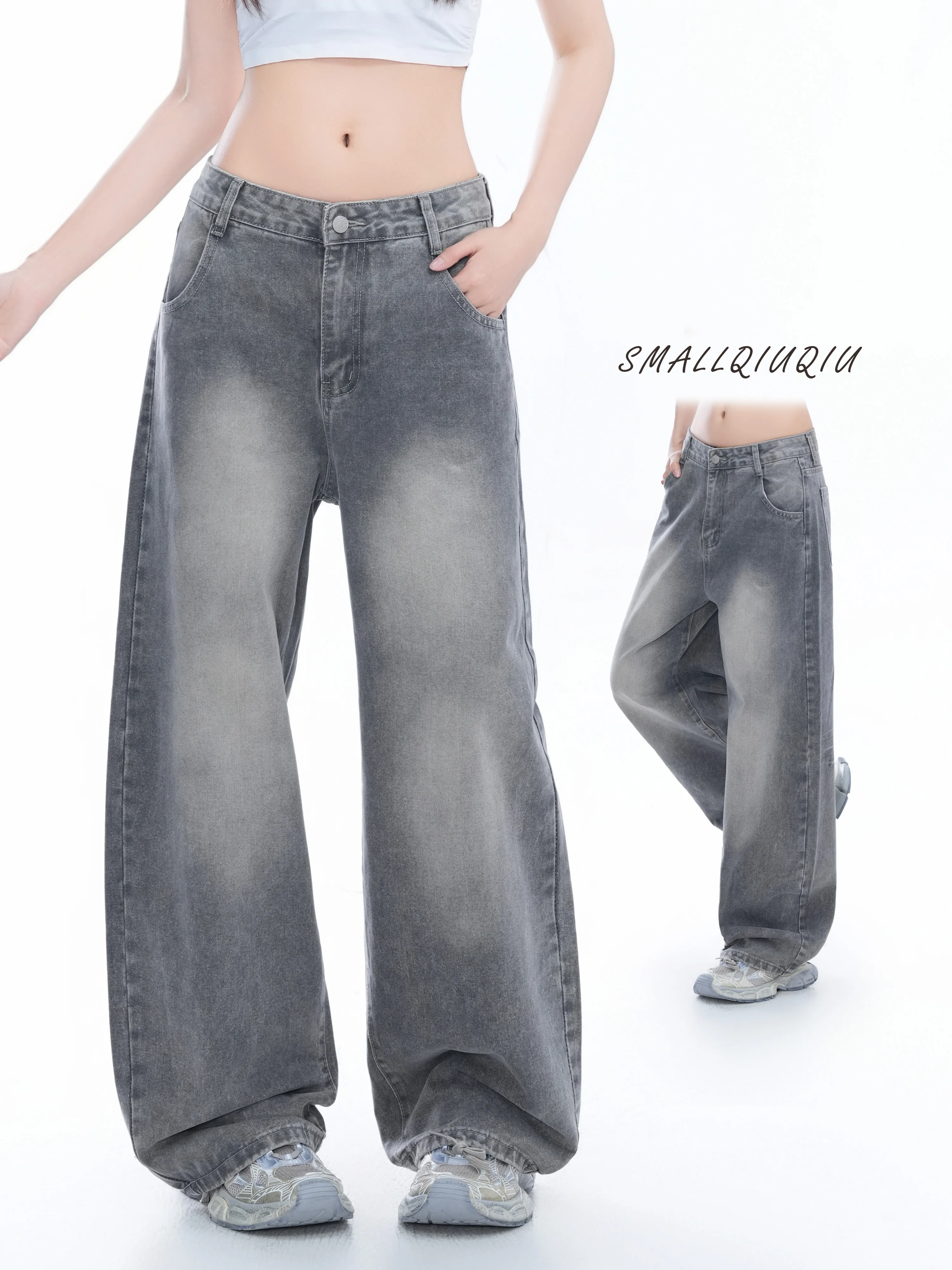 American Retro Wide Leg Jeans Women's Slimming Drapey Straight Floor-Length Trousers Casual High Waist Long Pants