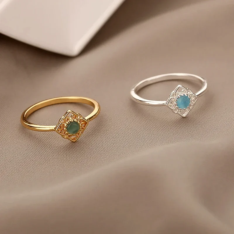 Lotus Flower Rings for Women Gold Color Stainless Steel Opal Natural Stone Ring Vintage Boho Wedding Engagement Jewelry Gift