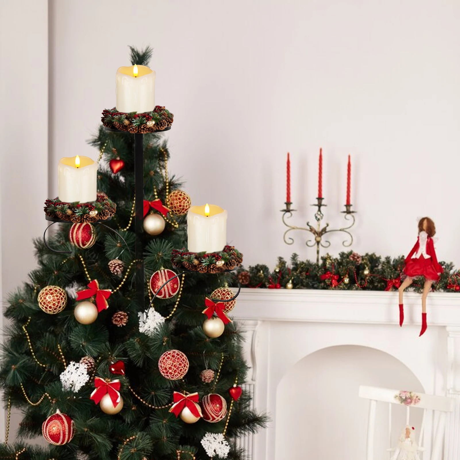Black Triple Tree Topper Candelabra Tree Topper Shelf for Christmas Tree 3 Tier Candle Holder Indoor Bedroom Kitchen