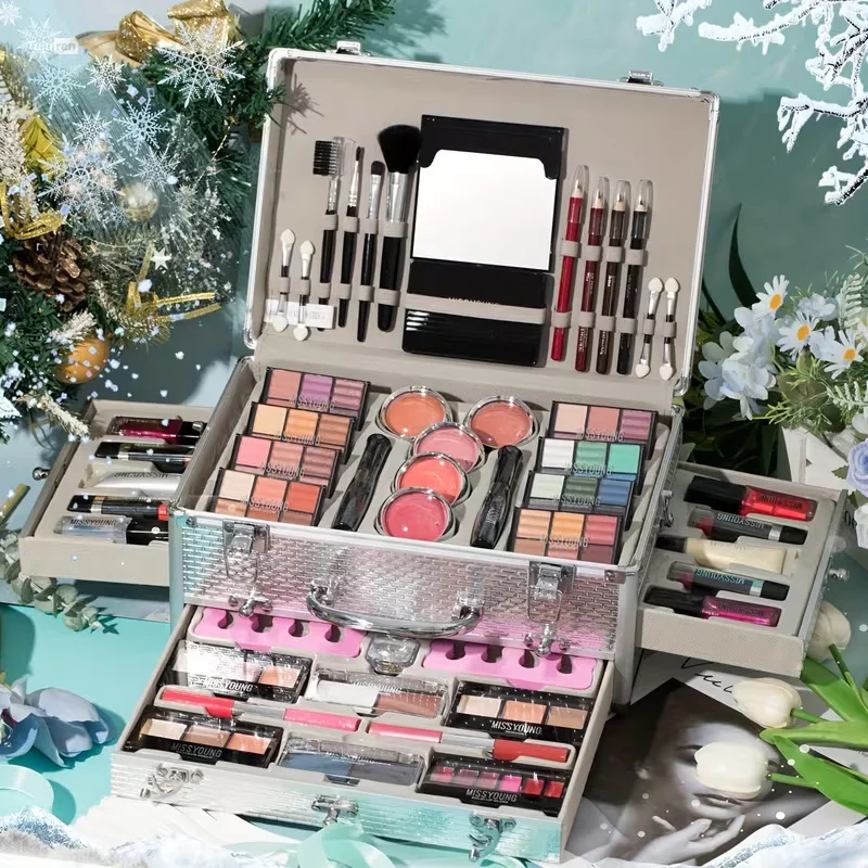 Multifunctional Aluminum Travel Makeup Case – Complete Set with Eyeshadow, Blush, Lipstick, Foundation, Eyeliner, Mascara wait