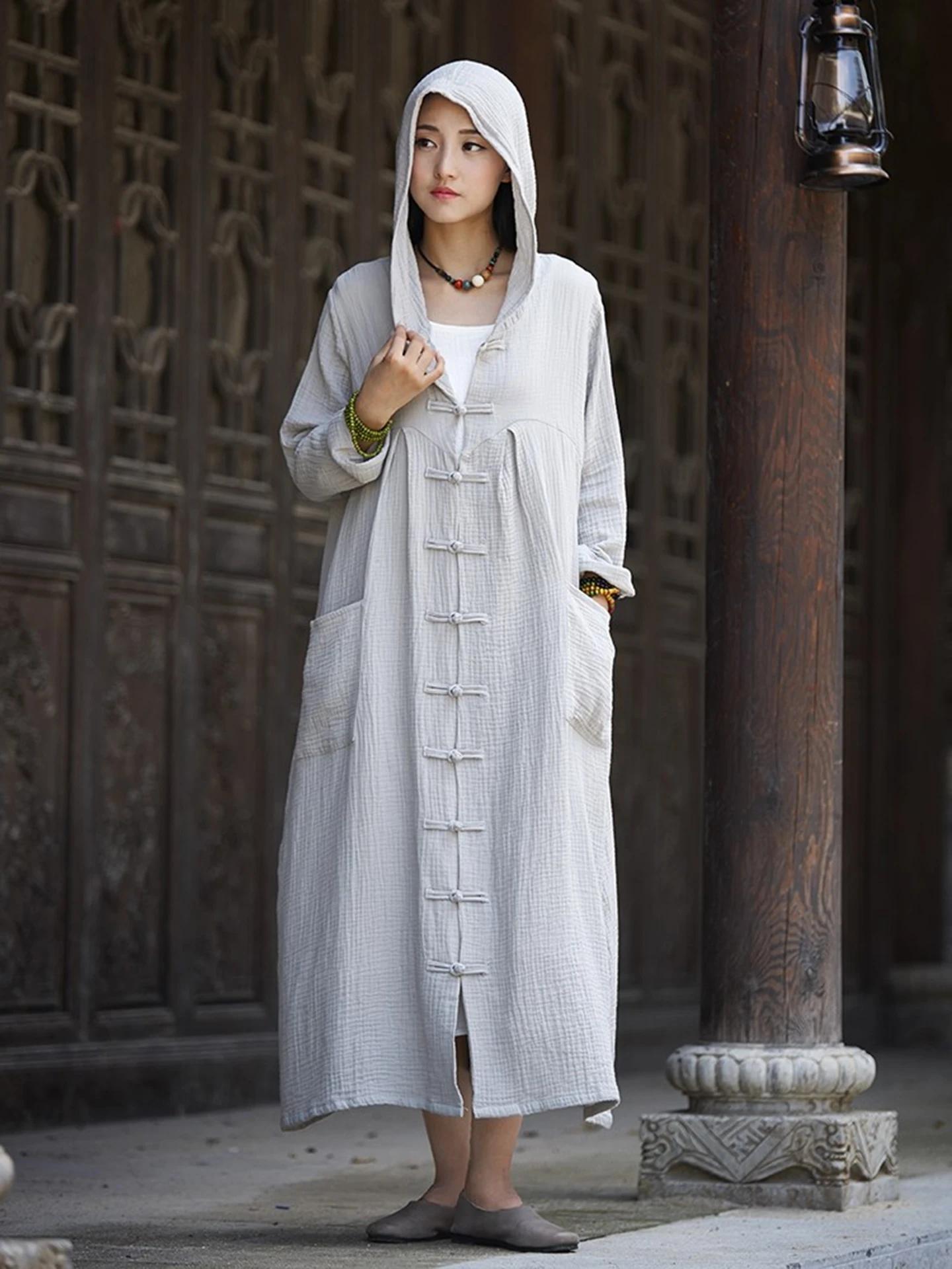 Chinese Style Wide Sleeve Long Coat with Hood Open Cardigan Breathable Cotton Spring Autumn Women's Jacket Casual Fashion
