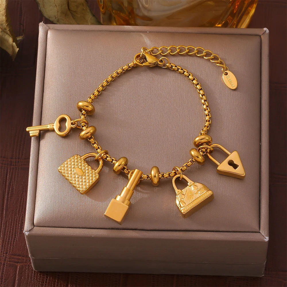 Multi Pendant Stainless Steel Bracelets For Women Gold Plated Waterproof No Tarnish Women\'s Charm Bracelet Luxury Woman Jewelry