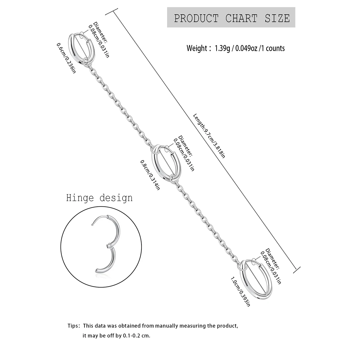 1 Piece A Unique Steel-Colored 18k Gold-Plated Chain Handcuff Hoop Earring With Three Piercings And A Dangling Spiral Pendant