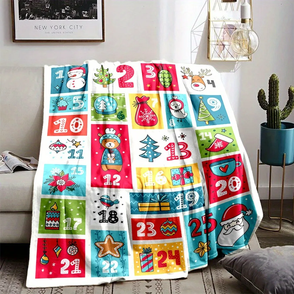 1pc Marry Christmas Blanket Grid Number Santa Claus Printed Flannel Blanket for Home Living Room Decor New Year Christmas Gift