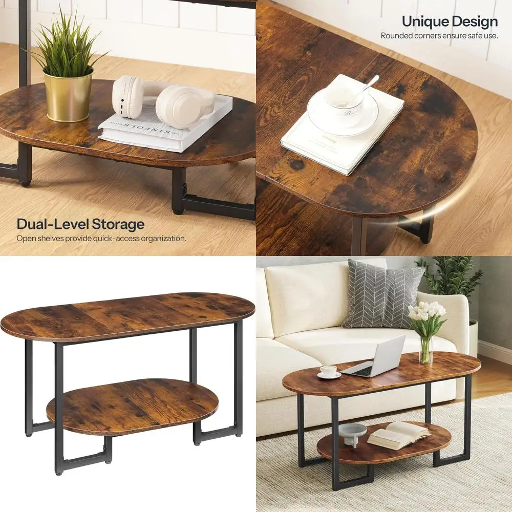 

Rustic Brown 2-Tier Oval Coffee Table for Living Room and Home Office with Industrial Style Storage
